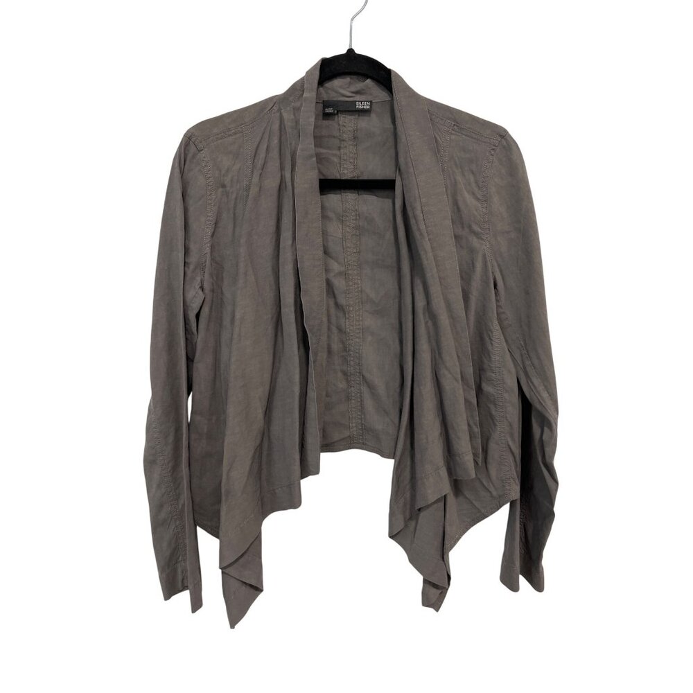 Eileen Fisher Waterfall Cascading Cardigan Size Small Open Front Gray Linen